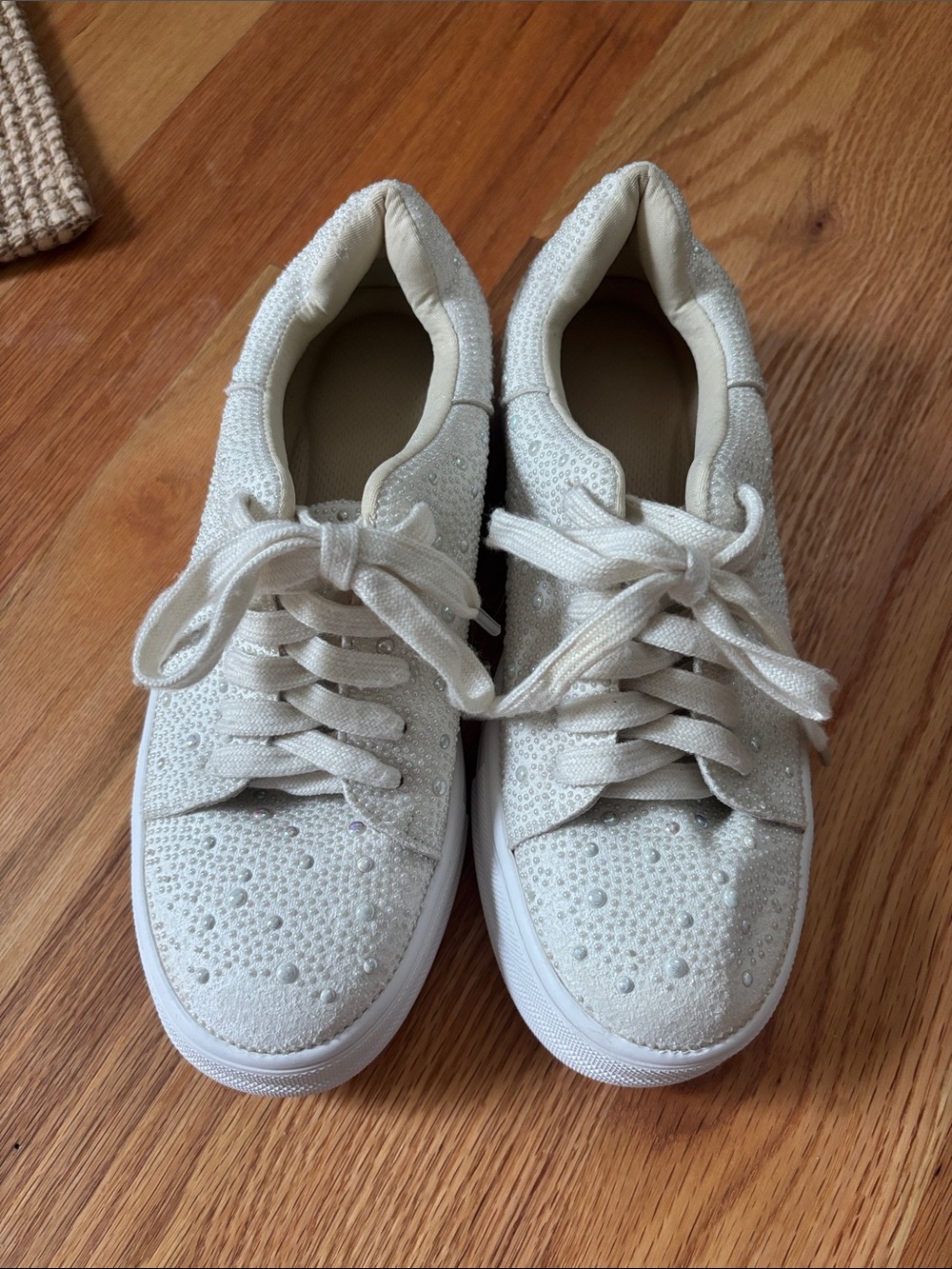 Women's Cream Rhinestone Lace-Up Sneakers